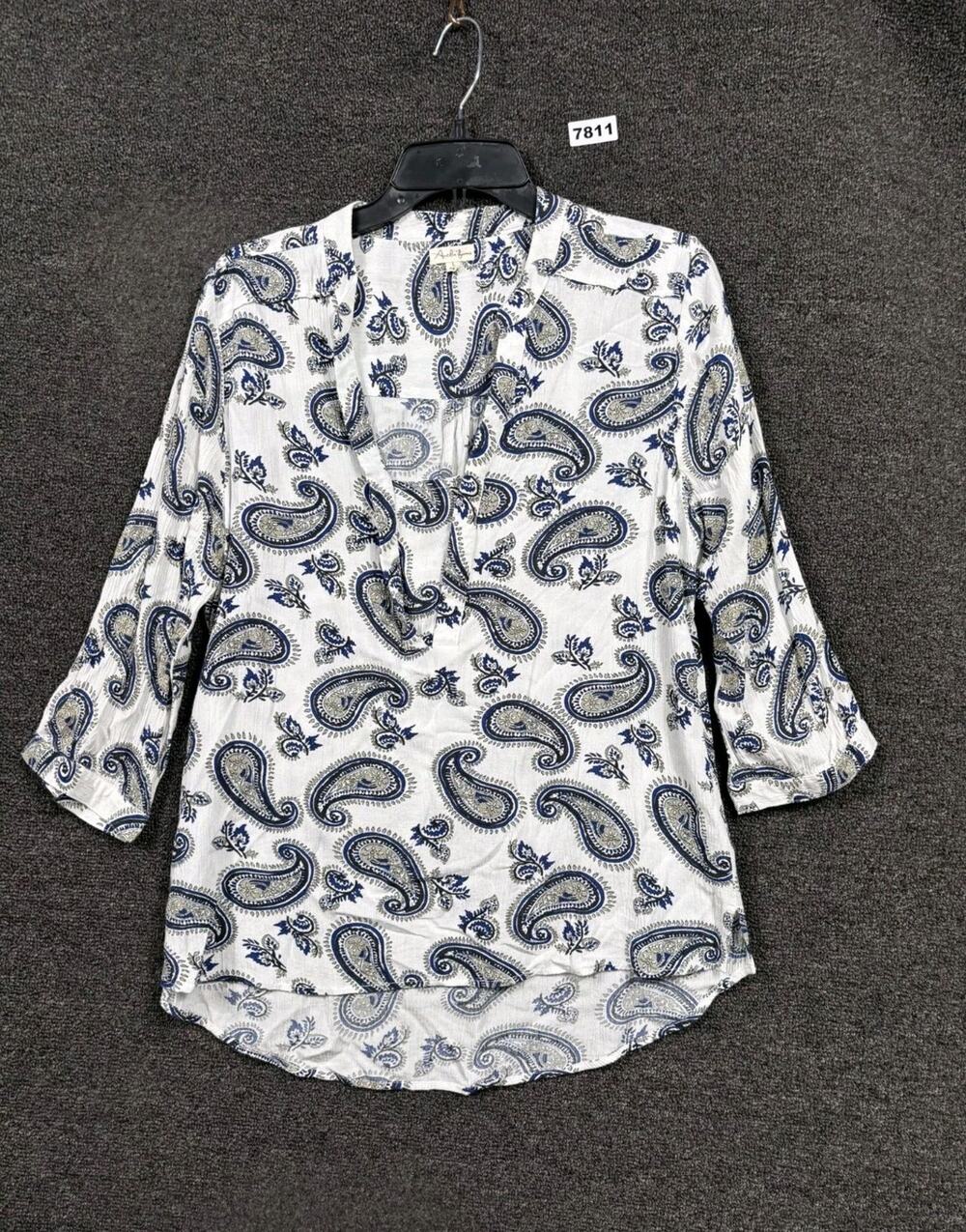 Antilia Femme Women's PaisleyTunic Blouse Size L White & Blue 3/4 Sleeve